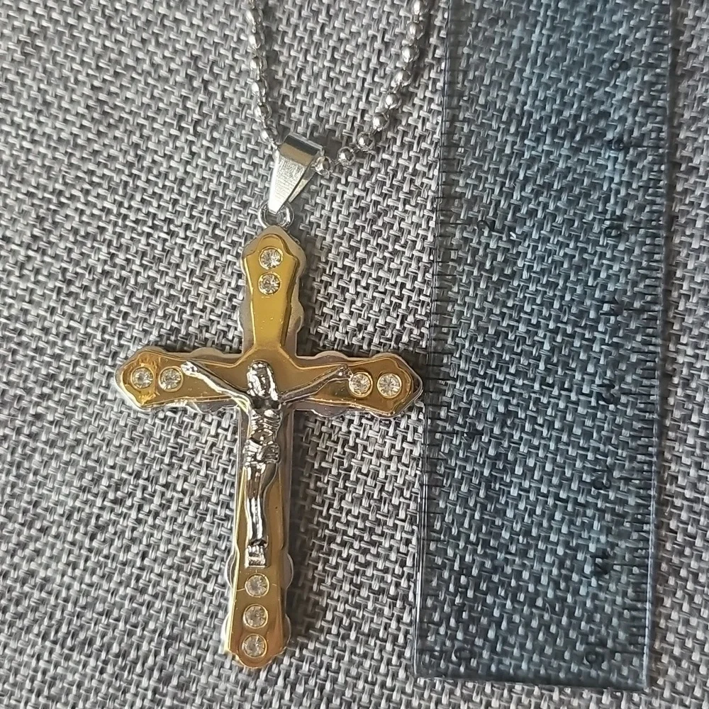 NIB Gold and Silver Crucifix Pendant Necklace Rhinestone Accents